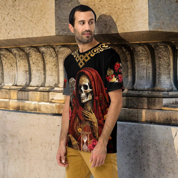 Santa Muerte Roja All Over T-Shirt, a symbol of love and protection.